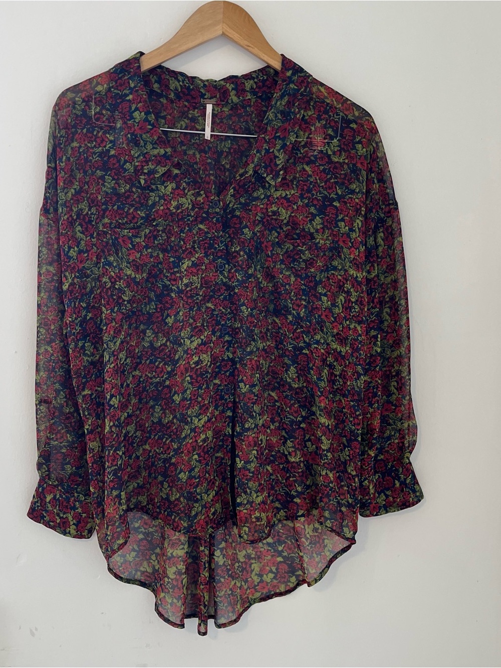 Free People Black Floral Sheer Button-Down Blouse